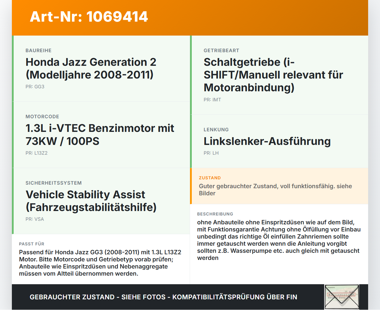 Honda Jazz GG3 08-11 1,3 LSH 73KW L13Z2 Motor Triebwerk Honda Jazz GG3 08-11 22.04.2009 RBO90108D RB090108D... Vorschau 3
