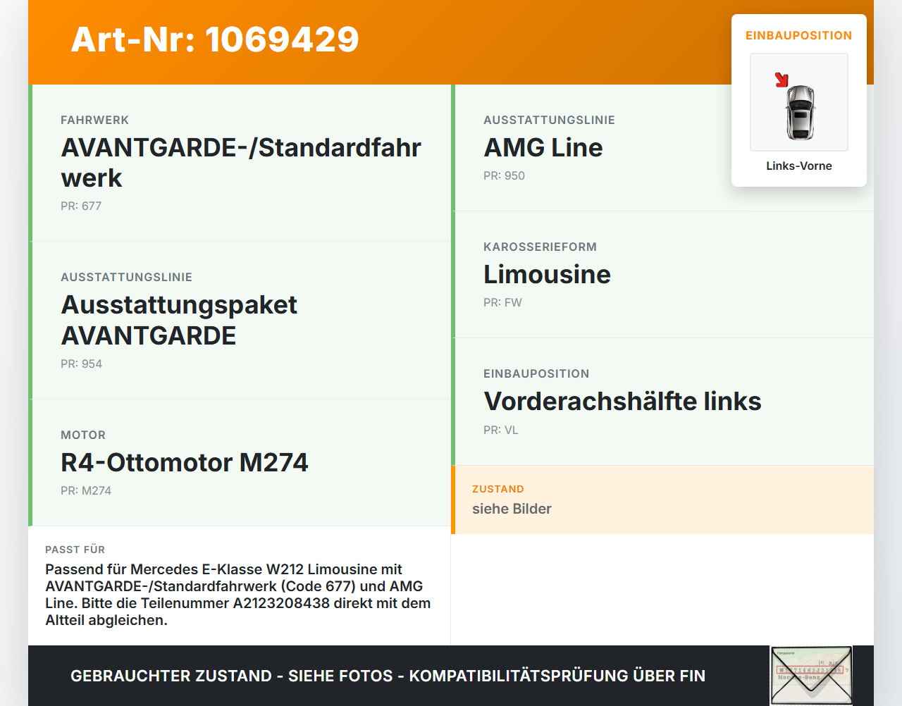 Mercedes E250 W212 13-16 Lim Federbein Stossdämpfer Vorne Links Mercedes E250 W212 13-16 17.09.2013 2123208438 gebraucht Vorschau 3