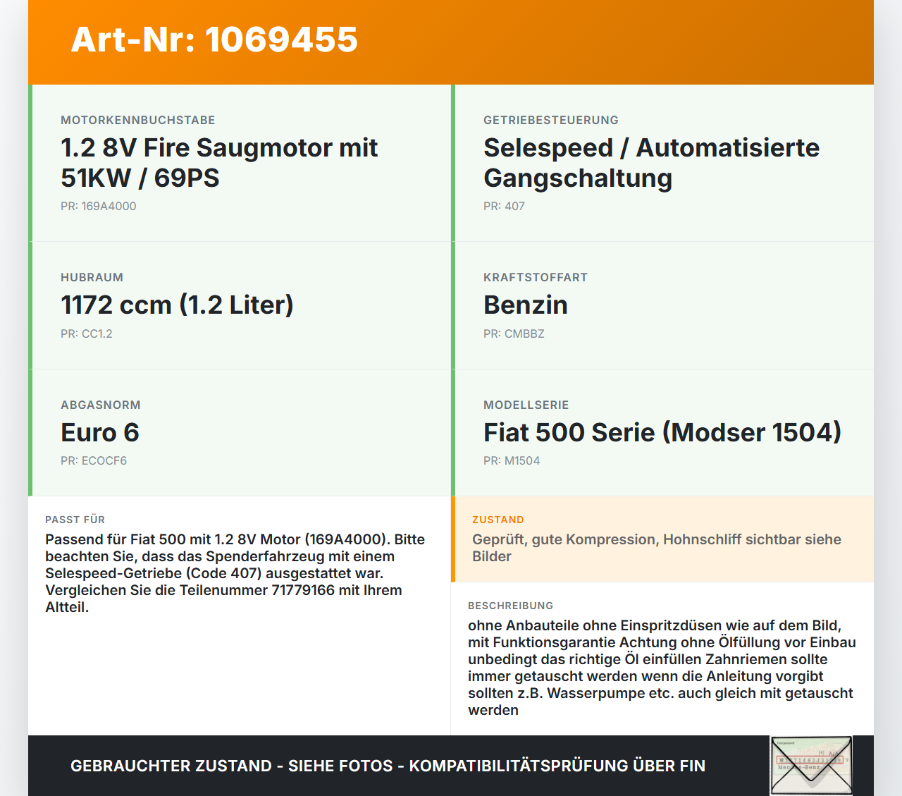 Fiat 500 07-15 1,2 51KW 169A4000 Motor Triebwerk Fiat 500 07-15 28.03.2018 71779166 gebraucht Vorschau 3
