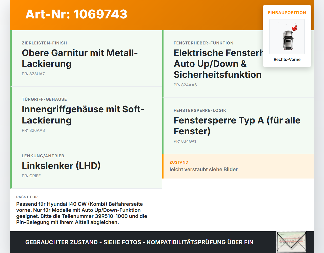 Hyundai I40 CW 11-15 Kombi Fensterheberschalter Schalter Rechts Vorne Hyundai I40 CW 11-15 25.01.2013 93575-3Z000... Vorschau 3
