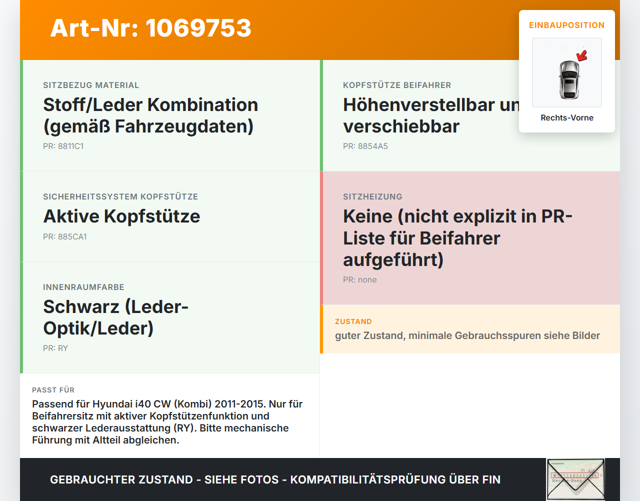 Hyundai I40 CW 11-15 Kombi Kopfstütze für Beifahrer Sitz Rechts Vorne Leder Hyundai I40 CW 11-15 25.01.2013 gebraucht Vorschau 3