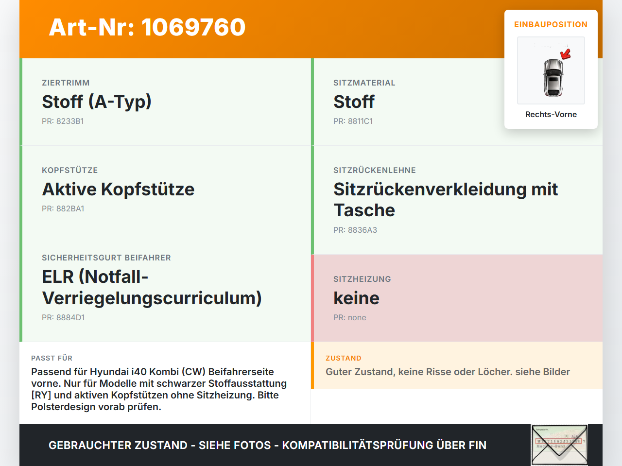 Hyundai I40 CW 11-15 Kombi Sitzbezug Rückenpolster Rechts Vorne für Beifahrer Sitz beheizt Hyundai I40 CW 11-15... Vorschau 3