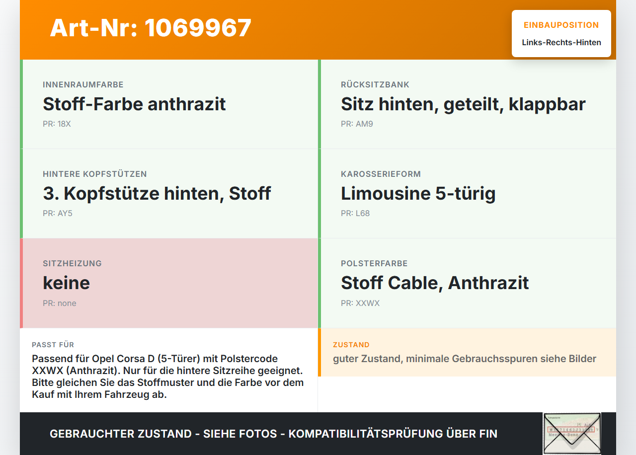 Opel Corsa D 06-10 Kopfstütze Rechts oder Links Hinten Opel Corsa D 06-10 07.11.2008 gebraucht Vorschau 3