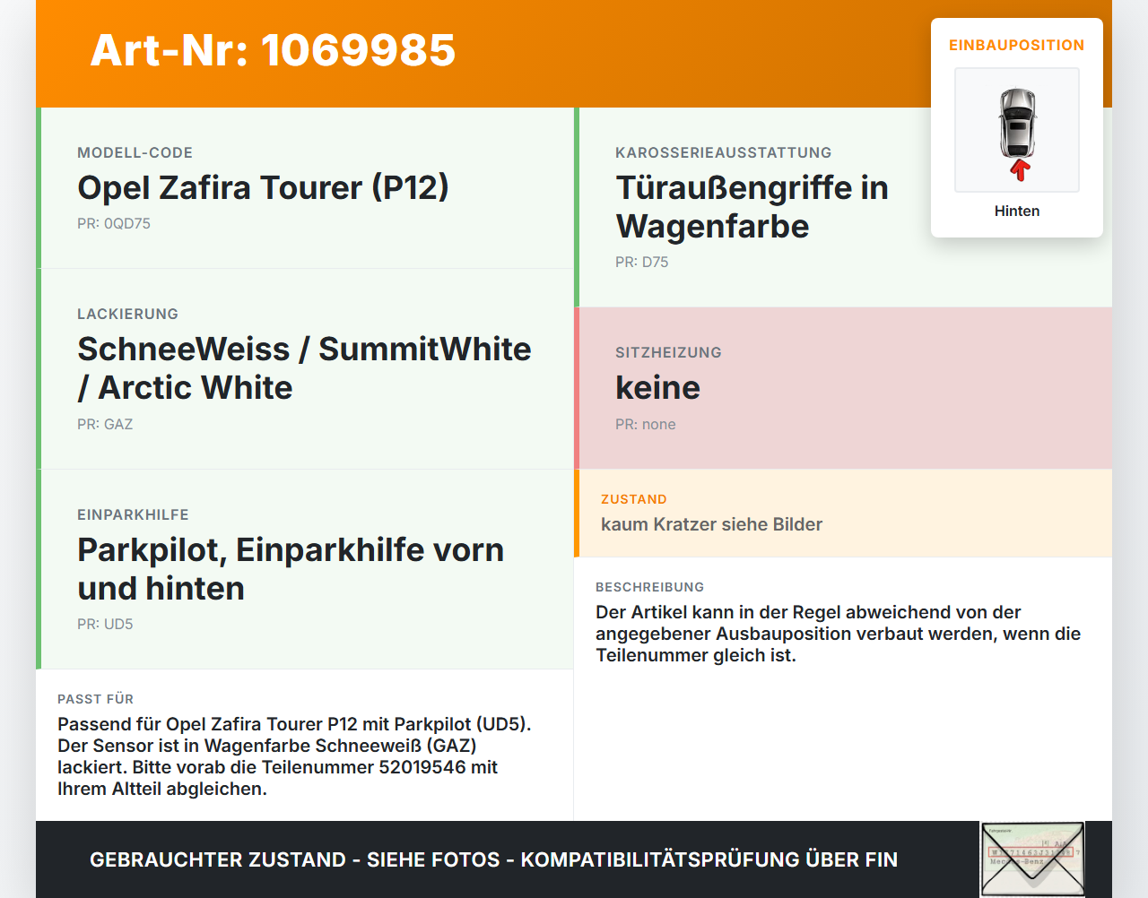 Opel Zafira Tourer P12 16-19 Abstands Sensor Parksensor PDC Hinten GAZ Opel Zafira Tourer P12 16-19 20.12.2016... Vorschau 3