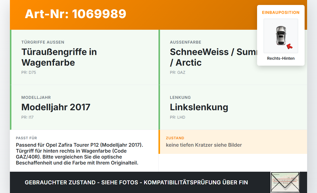 Opel Zafira Tourer P12 16-19 Mehrzweckfahrzeug Türgriff Griff aussen Rechts Hinten GAZ Opel Zafira Tourer P12 16-19... Vorschau 3