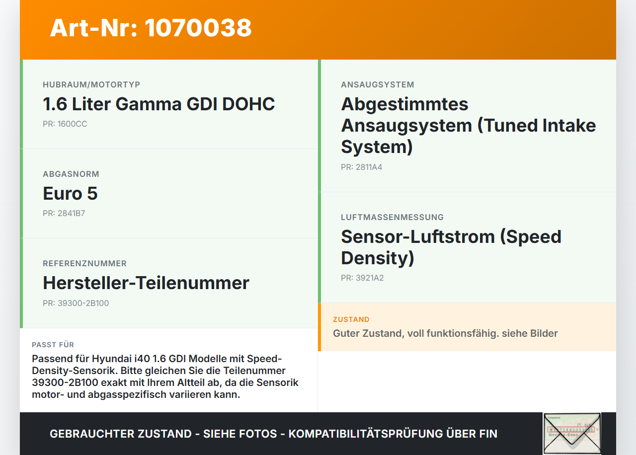Hyundai I40 CW 11-15 1,6 99KW Luftdruck MAP Sensor Hyundai I40 CW 11-15 25.01.2013 39300-2B100 9022010006 gebraucht Vorschau 3