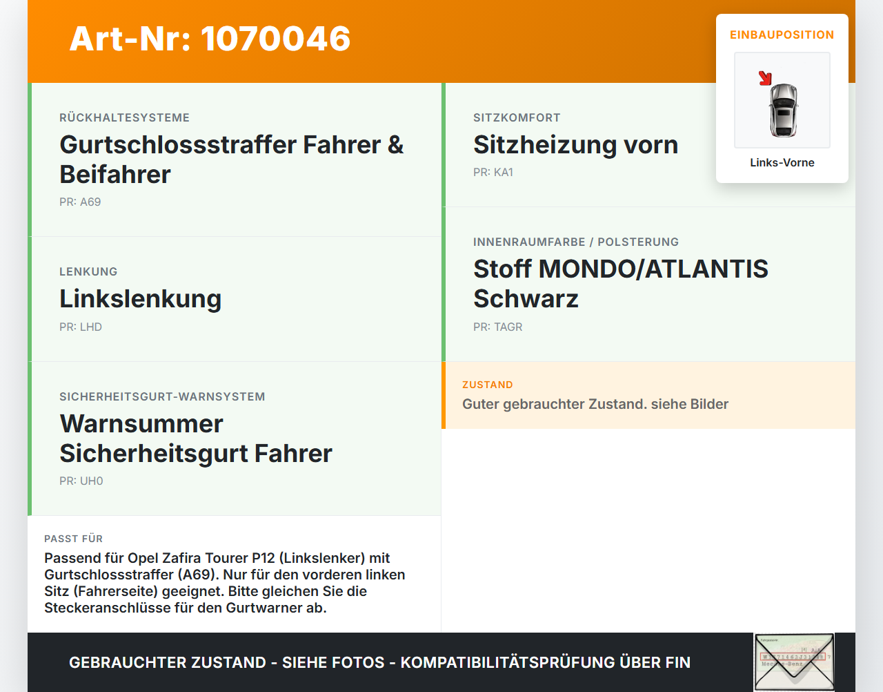 Opel Zafira Tourer P12 16-19 Mehrzweckfahrzeug Gurtstraffer Fahrer Links Vorne Aussen Opel Zafira Tourer P12 16-19... Vorschau 3