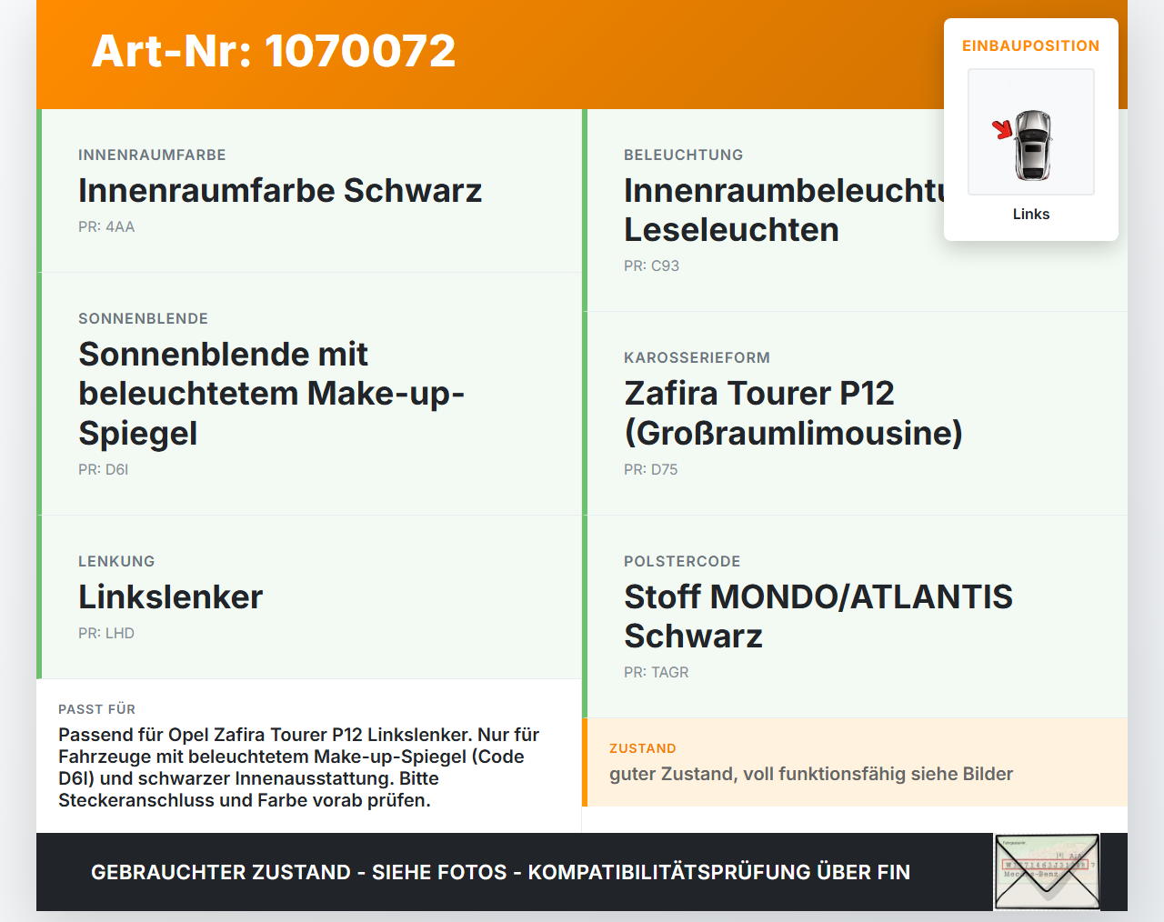 Opel Zafira Tourer P12 16-19 Sonnenblende Links für Fahrer Opel Zafira Tourer P12 16-19 20.12.2016 gebraucht Vorschau 3