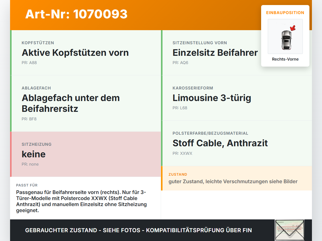 Opel Corsa D 06-10 3 Türer Sitzbezug Sitzpolster für Beifahrersitz Rechts Vorne Opel Corsa D 06-10 07.11.2008 gebraucht Vorschau 3