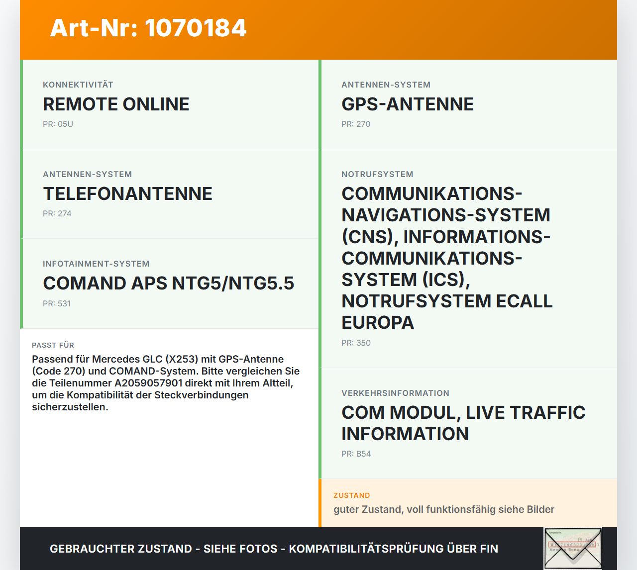 Mercedes X253 15-19 Antenne GPS Empfänger Mercedes X253 15-19 14.09.2015 A2059057901 50010897 gebraucht Vorschau 3