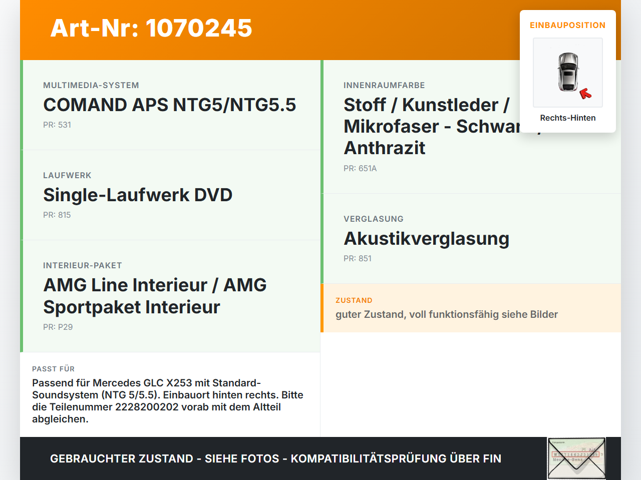 Mercedes X253 15-19 Kombi Lautsprecher Rechts Hinten Mercedes X253 15-19 14.09.2015 2228200202 gebraucht Vorschau 3