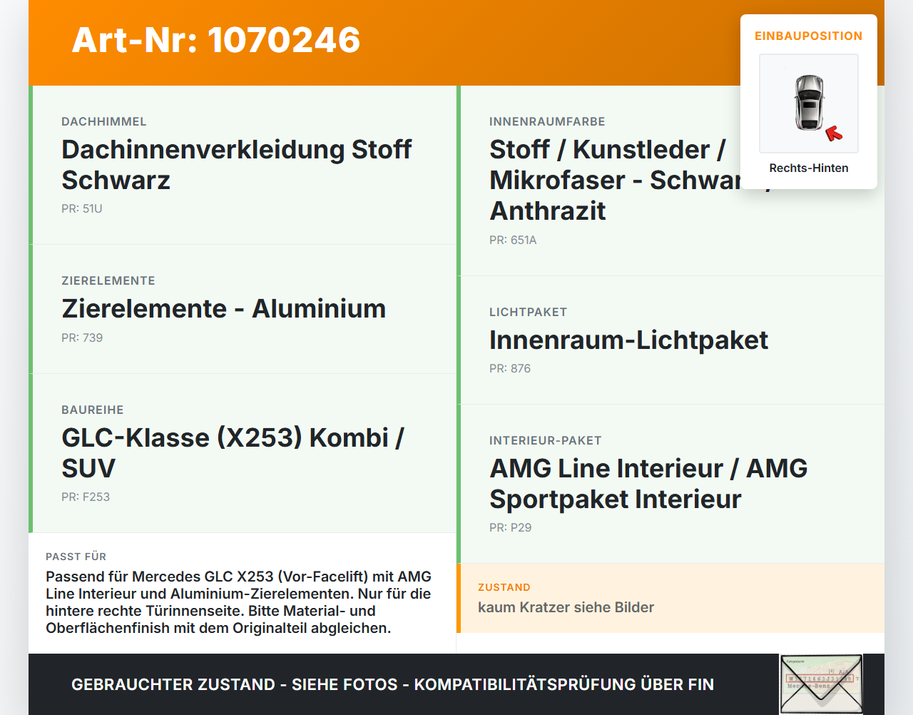 Mercedes X253 15-19 Kombi Türleiste Rechts Hinten Innen 197U Mercedes X253 15-19 14.09.2015 A2537300801 2752418... Vorschau 3