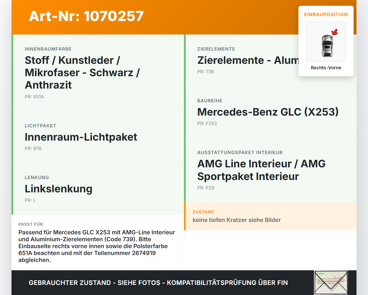 Mercedes X253 15-19 Kombi Türleiste Rechts Vorne Innen 197U Mercedes X253 15-19 14.09.2015 A2537203400 2674919... Vorschau 3
