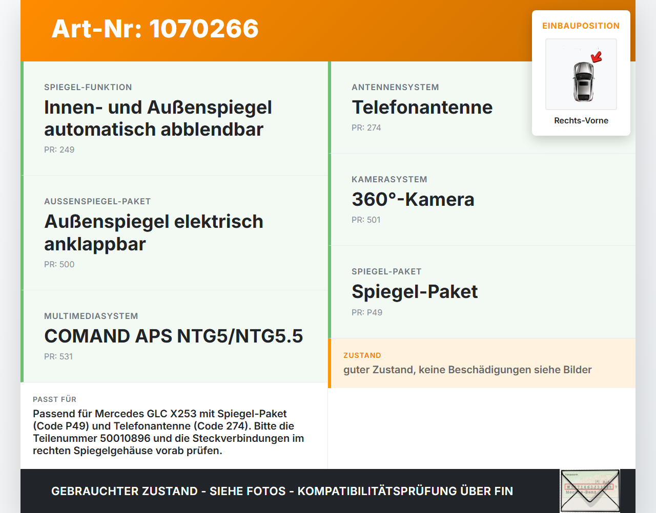 Mercedes X253 15-19 Antennenverstärker für Spiegelgehäuse Rechts Vorne Mercedes X253 15-19 14.09.2015 A2059057601... Vorschau 3