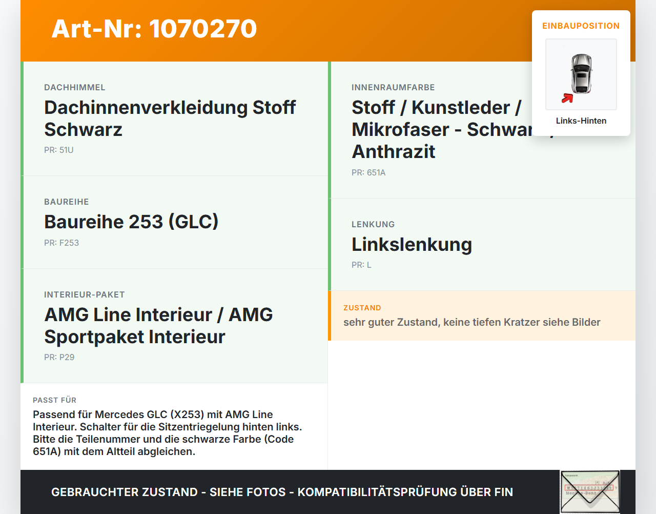 Mercedes X253 15-19 Schalter Entriegelung für Sitz Links Hinten Mercedes X253 15-19 14.09.2015 2059058404 151949051... Vorschau 3