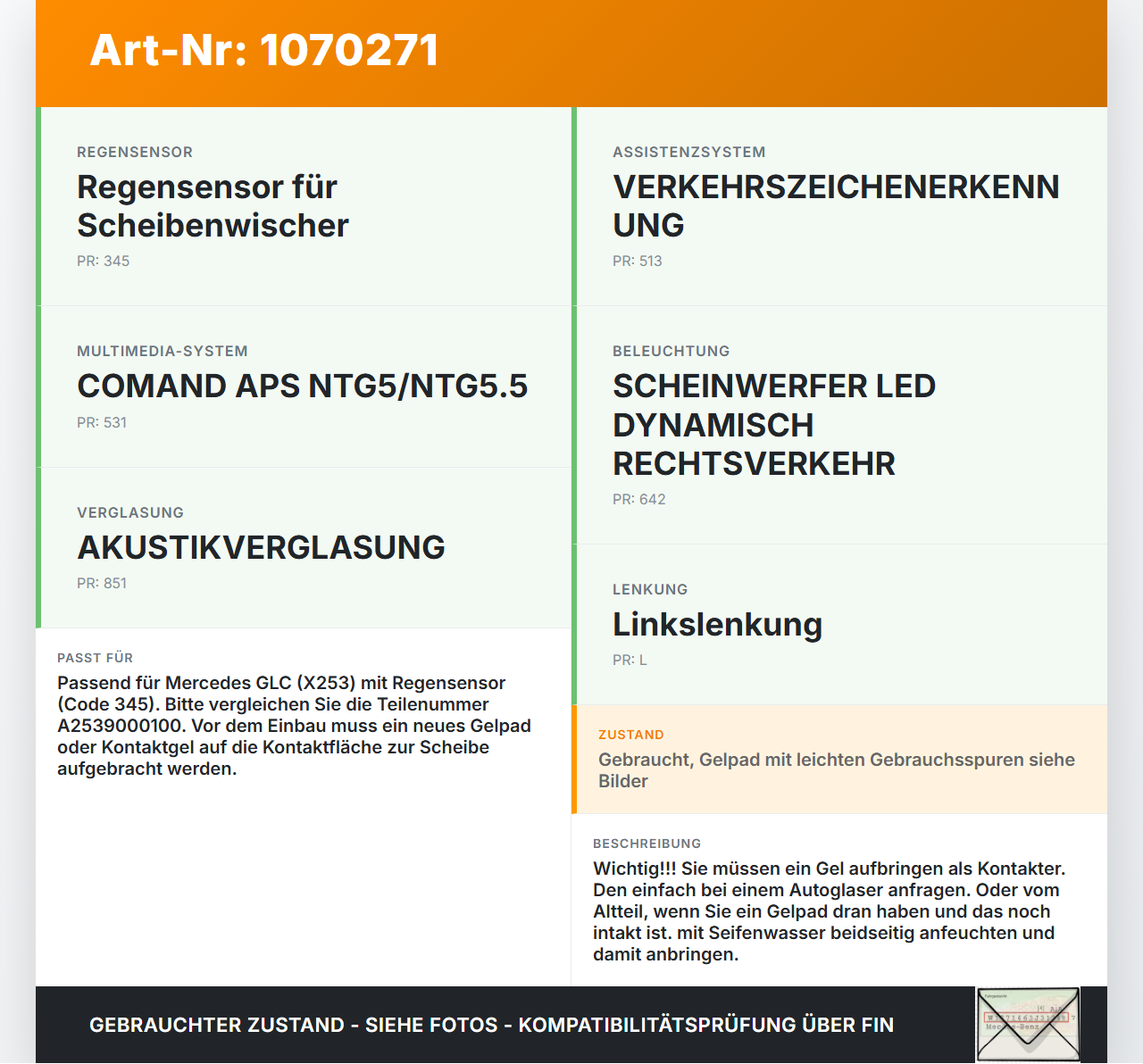 Mercedes X253 15-19 Regensensor Mercedes X253 15-19 14.09.2015 A2539000100 10094391-08 Y00070HA30416 gebraucht Vorschau 3
