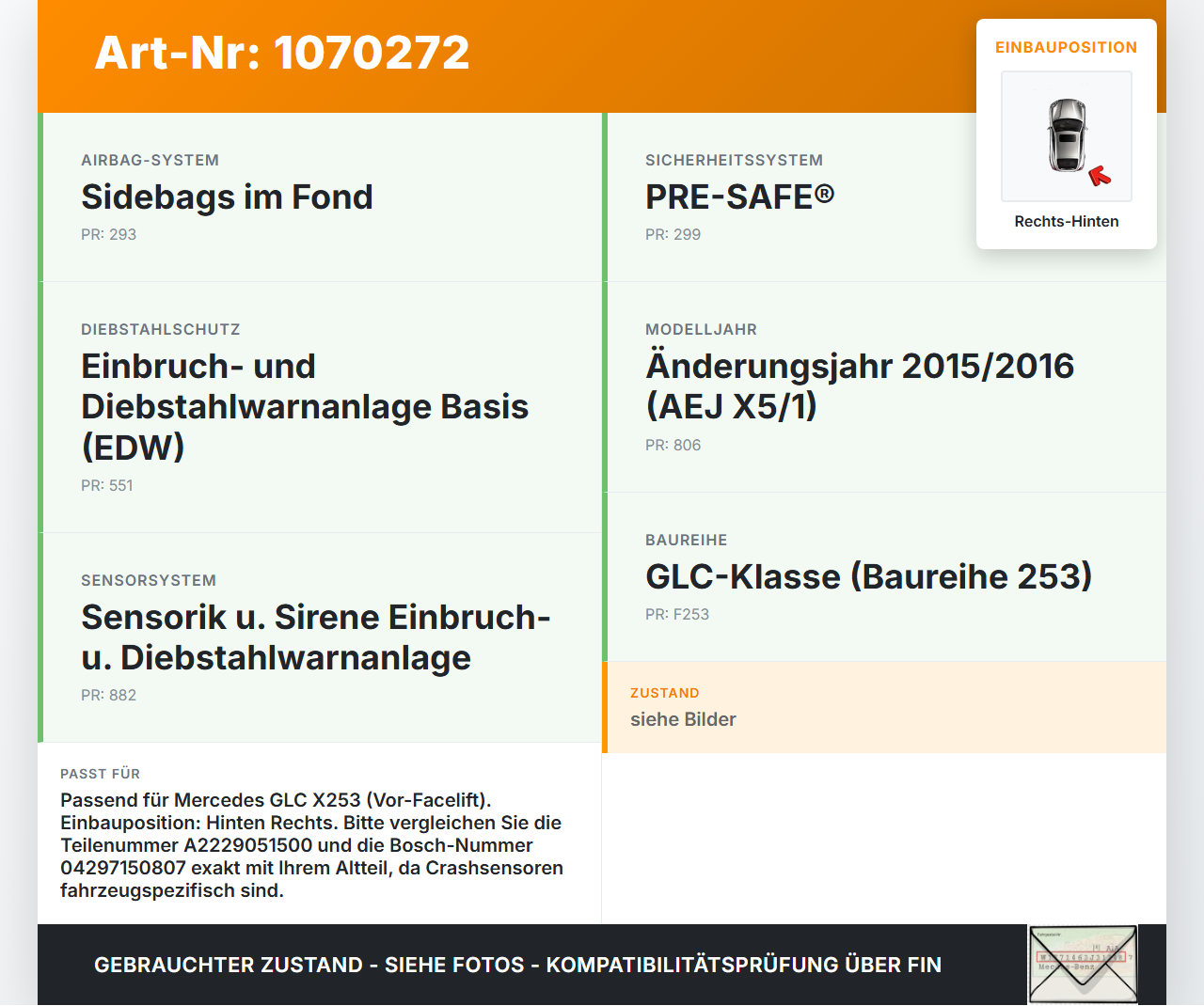 Mercedes X253 15-19 Airbagsensor Crashsensor Sensor Rechts Hinten Mercedes X253 15-19 14.09.2015 A2229051500... Vorschau 3