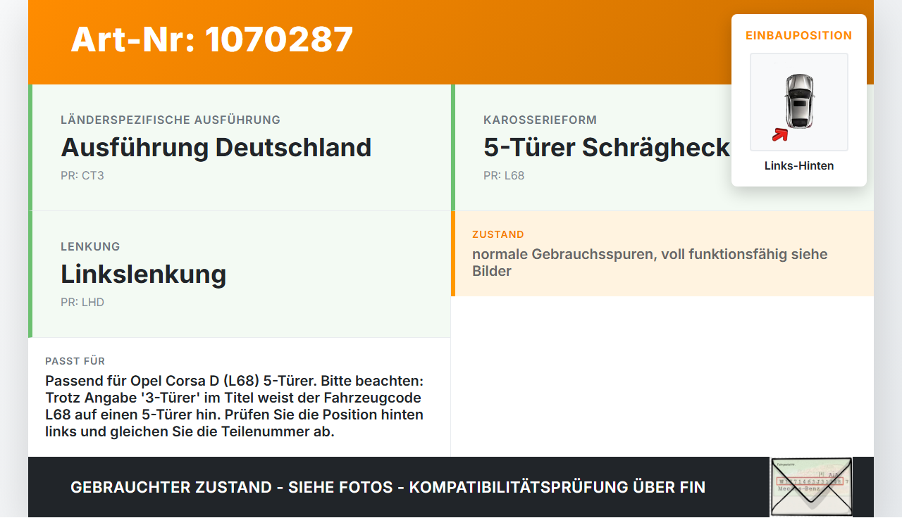 Opel Corsa D 06-10 3 Türer Türfangband  Türbremse Türanschlag Links Hinten Opel Corsa D 06-10 07.11.2008 gebraucht Vorschau 3