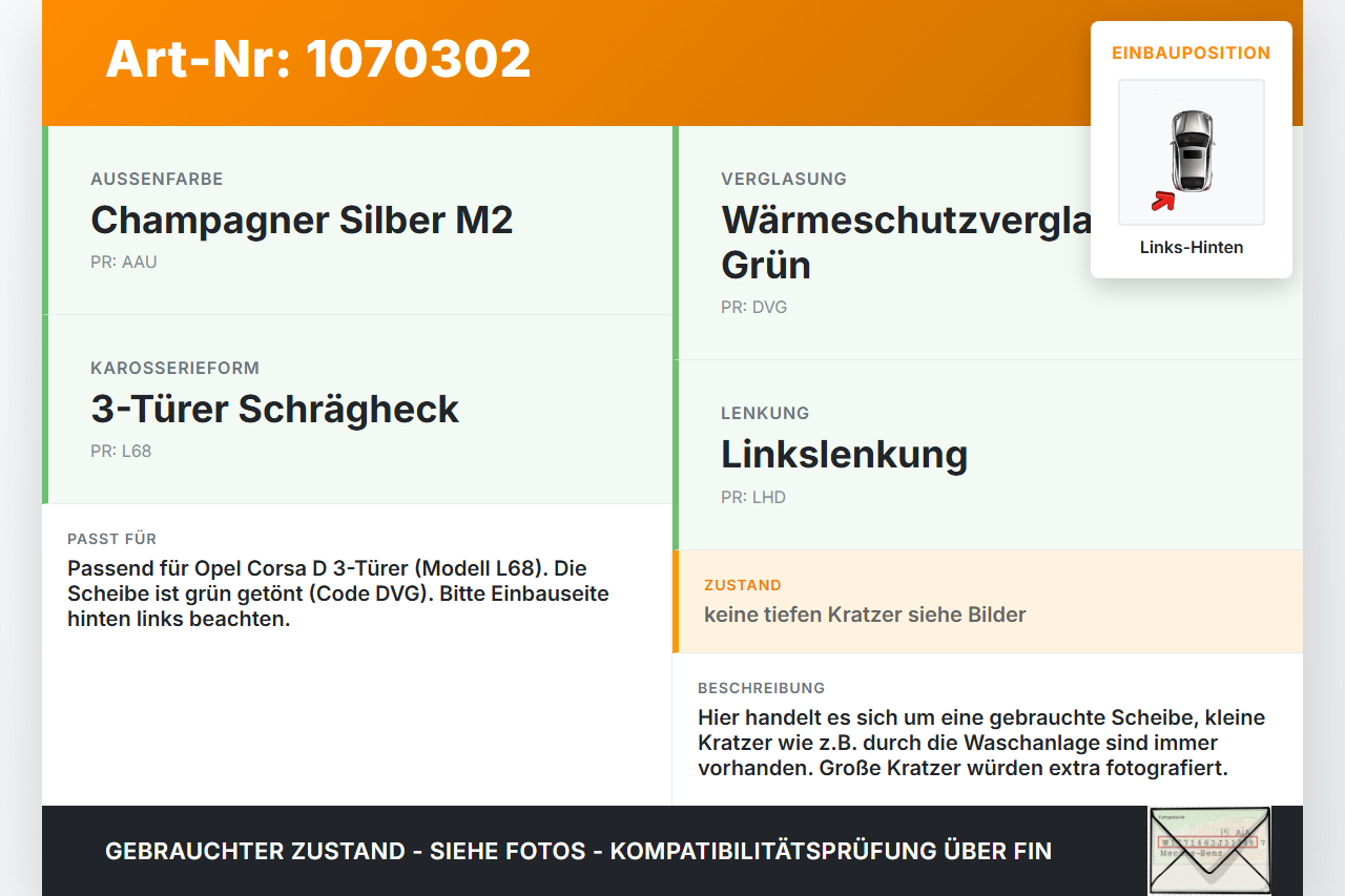 Opel Corsa D 06-10 3 Türer LH Dreieck Seitenscheibe Links Hinten Opel Corsa D 06-10 07.11.2008 gebraucht Vorschau 3