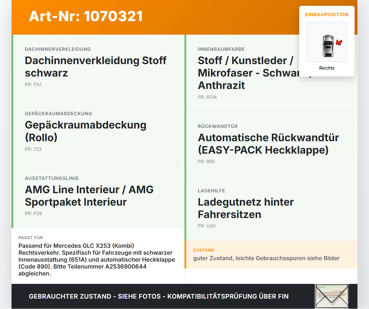 Mercedes X253 15-19 Kombi Seitenverkleidung Rechts für Kofferraum Mercedes X253 15-19 14.09.2015 A2536900644 gebraucht Vorschau 3