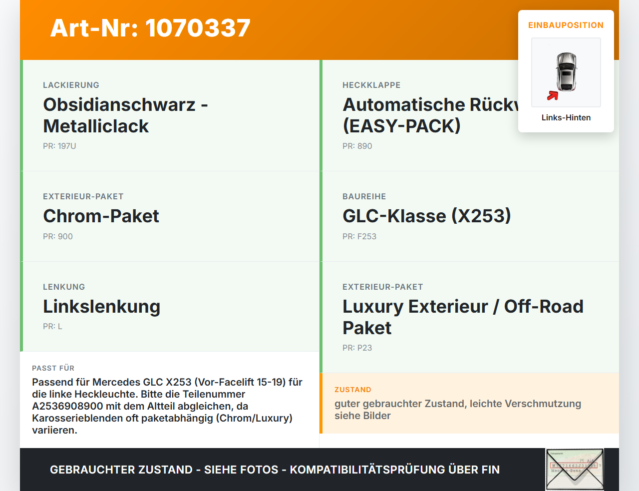 Mercedes X253 15-19 CDI 2,2 125KW Abdeckung für Rückläuchte Heckleuchte Links Hinten Mercedes X253 15-19 14.09.2015... Vorschau 3