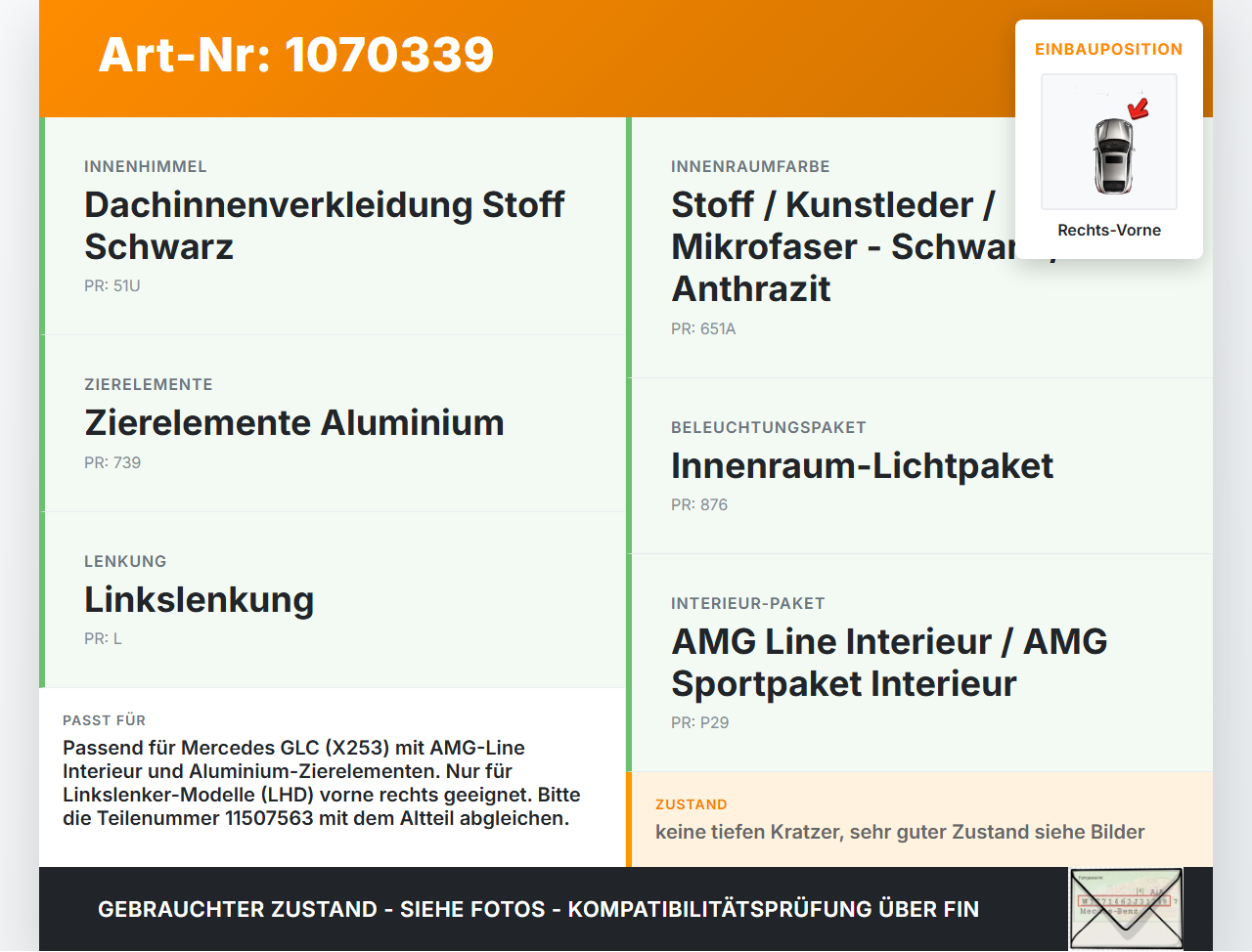 Mercedes X253 15-19 Kombi Türleiste Rechts Vorne Innen 197U Mercedes X253 15-19 14.09.2015 A2056804871 11507563... Vorschau 3
