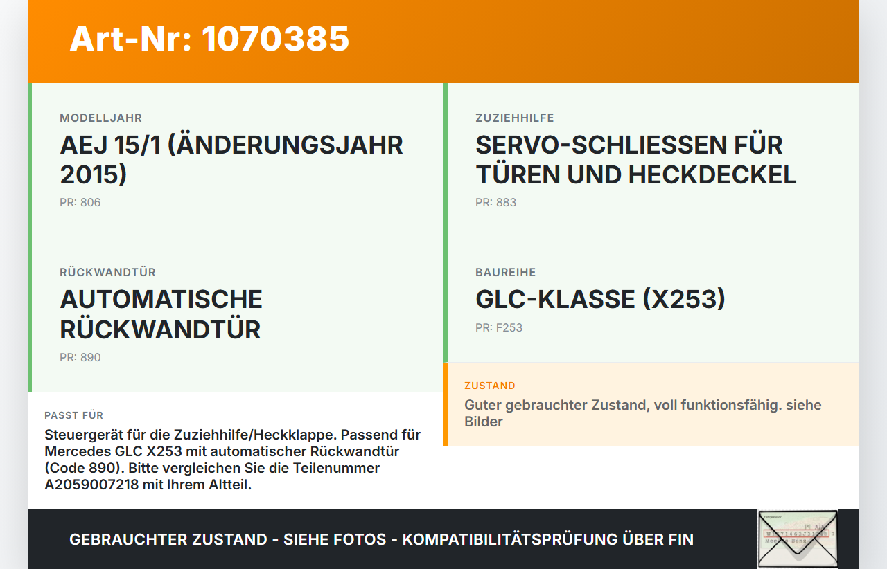 Mercedes X253 15-19 Steuergerät ARWT HFS SG Zuziehhilfe Mercedes X253 15-19 14.09.2015 A2059007218 A2059012008... Vorschau 3
