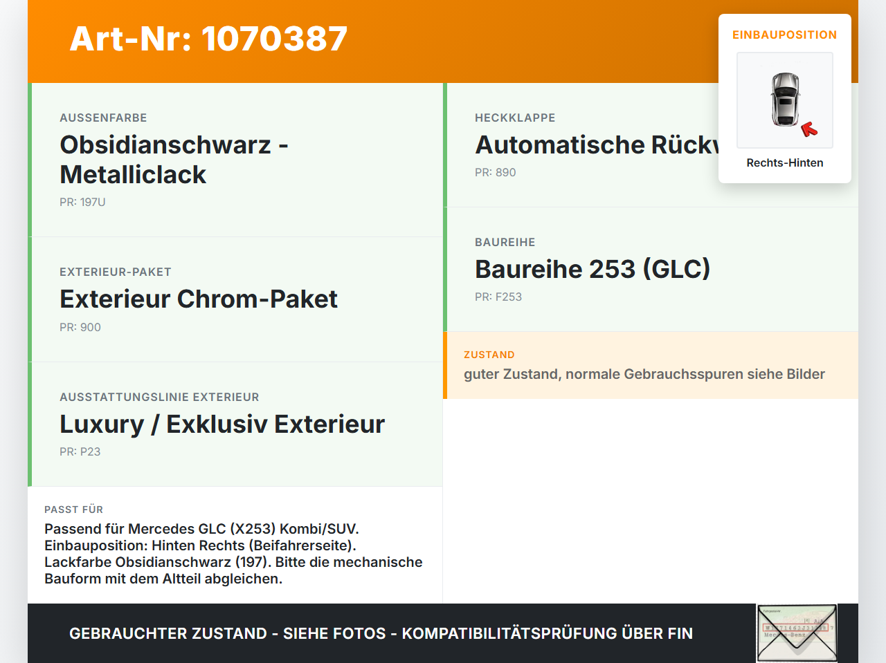 Mercedes X253 15-19 Kombi Türscharnier Tür Scharnier Rechts Hinten Mercedes X253 15-19 14.09.2015 gebraucht Vorschau 3