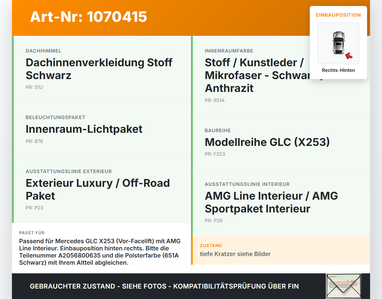 Mercedes X253 15-19 Kombi Einstiegsleiste Rechts Hinten Mercedes X253 15-19 14.09.2015 A2056800635 gebraucht Vorschau 3