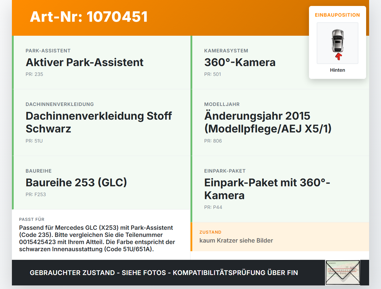 Mercedes X253 15-19 PDC Anzeige Display Monitor Hinten Mercedes X253 15-19 14.09.2015 0015425423 2069453-14... Vorschau 3