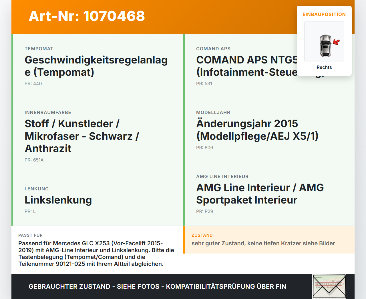 Mercedes X253 15-19 Lenkradschalter Multifunktionstasten Schalter für Lenkrad Rechts Plus Mercedes X253 15-19... Vorschau 3