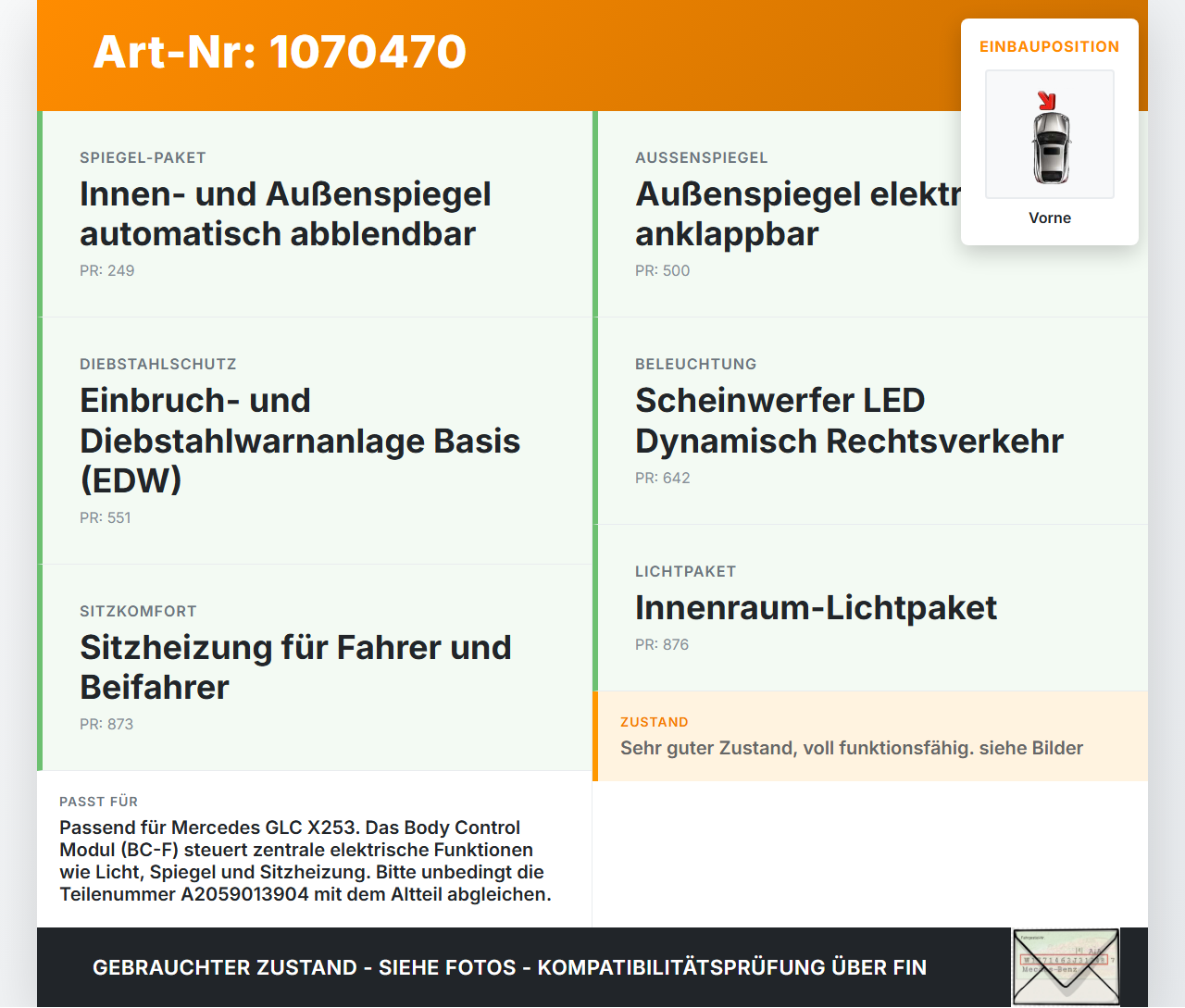 Mercedes X253 15-19 Steuergerät Karosserie Vorne Body Control Modul BC-F Mercedes X253 15-19 14.09.2015 A2059006921... Vorschau 3