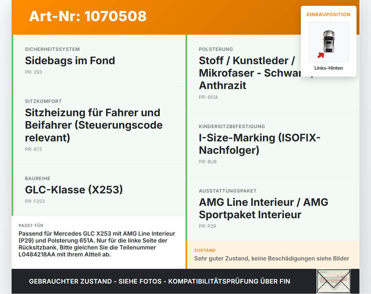 Mercedes X253 15-19 Kombi Sitzbezug Rückenpolster Links für Rücksitzbank Hinten Mercedes X253 15-19 14.09.2015... Vorschau 3