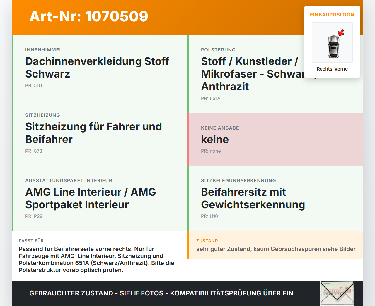 Mercedes X253 15-19 CDI 2,2 125KW Rückenpolster für Beifahrer Sitz Rechts Vorne Mercedes X253 15-19 14.09.2015 gebraucht Vorschau 3