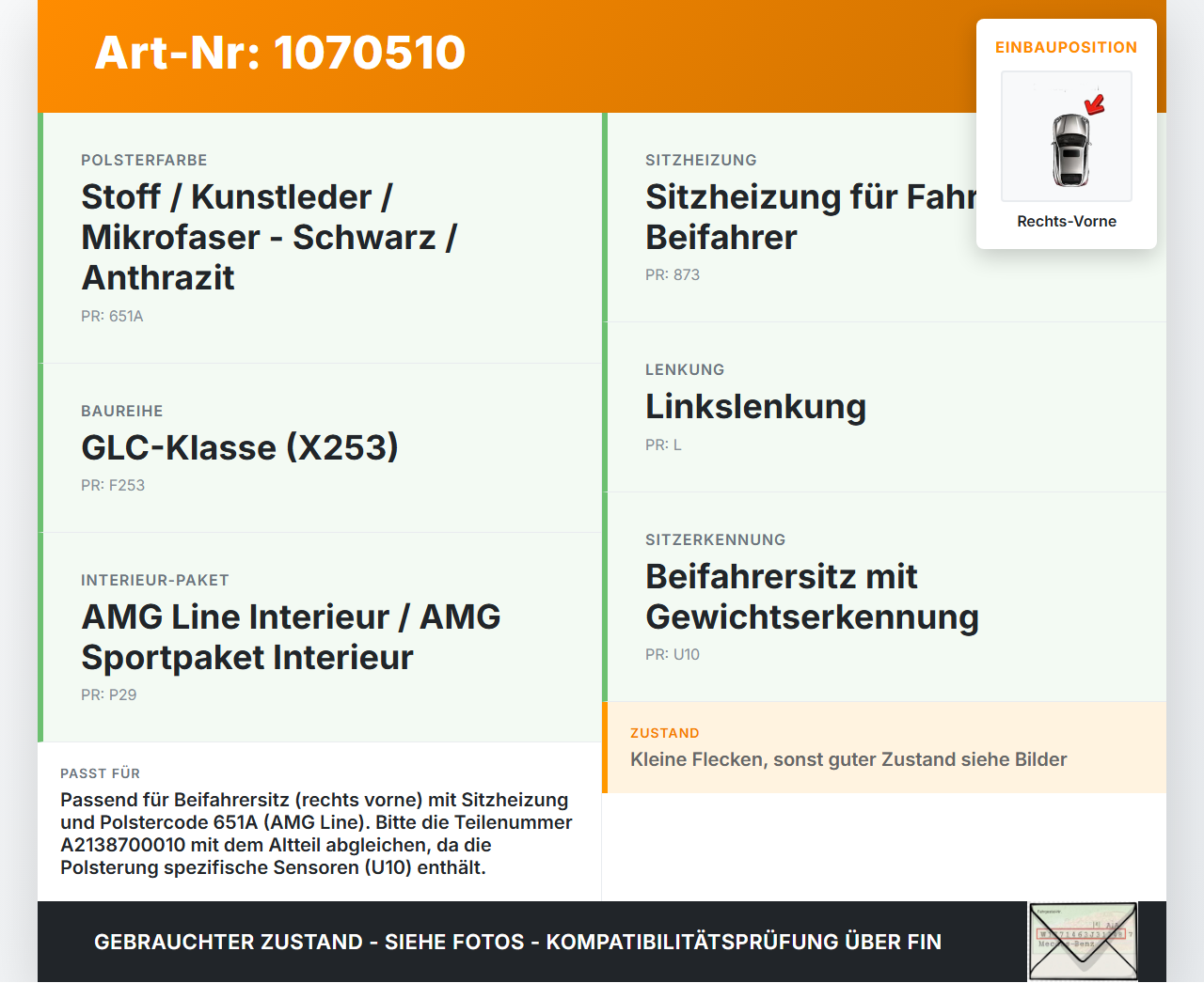 Mercedes X253 15-19 Kombi Sitzbezug Sitzpolster für Beifahrersitz Rechts Vorne beheizt Mercedes X253 15-19... Vorschau 3