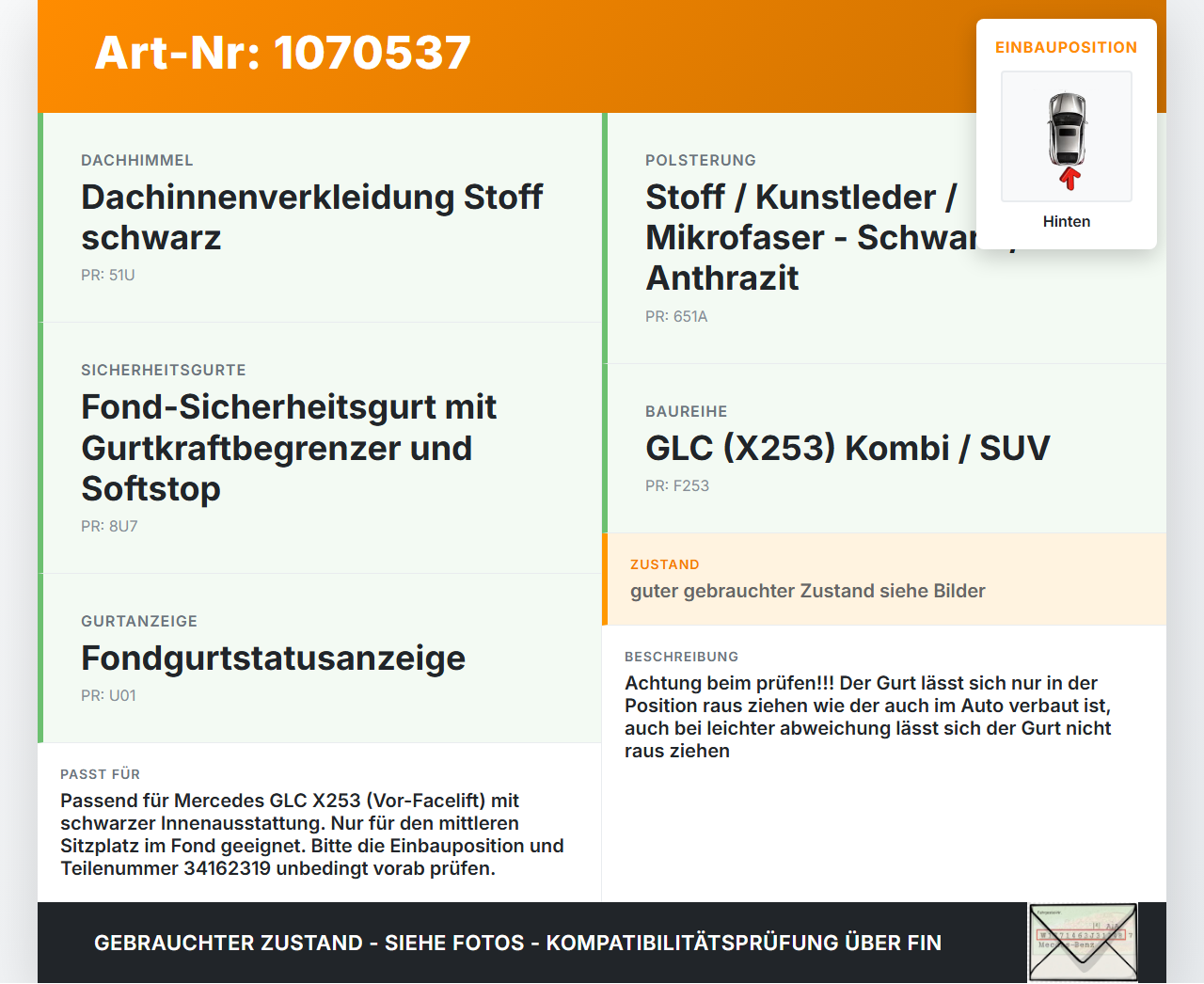 Mercedes X253 15-19 Kombi Gurt Sicherheitsgurt Mitte Hinten Mercedes X253 15-19 14.09.2015 34162319 gebraucht Vorschau 3