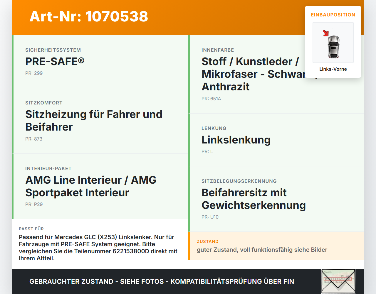 Mercedes X253 15-19 Kombi Gurtschloss Gurtpeitsche Vorne Links Mercedes X253 15-19 14.09.2015 A2058600169... Vorschau 3