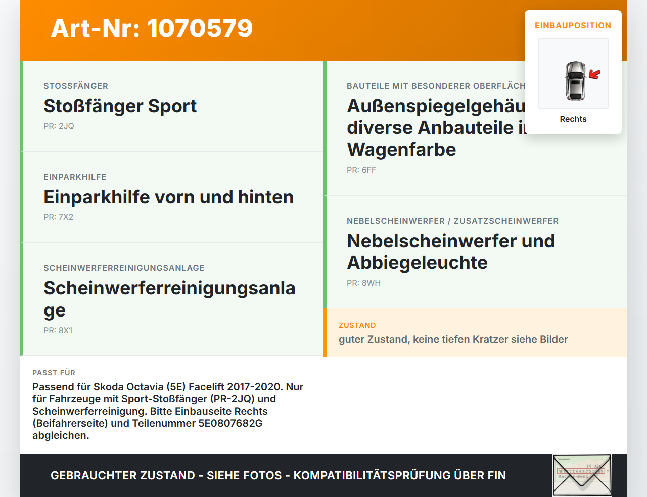 Skoda Octavia 17-20 Frontblende Frontleiste Rechts Skoda Octavia 17-20 09.11.2017 5E0807682G gebraucht Vorschau 3
