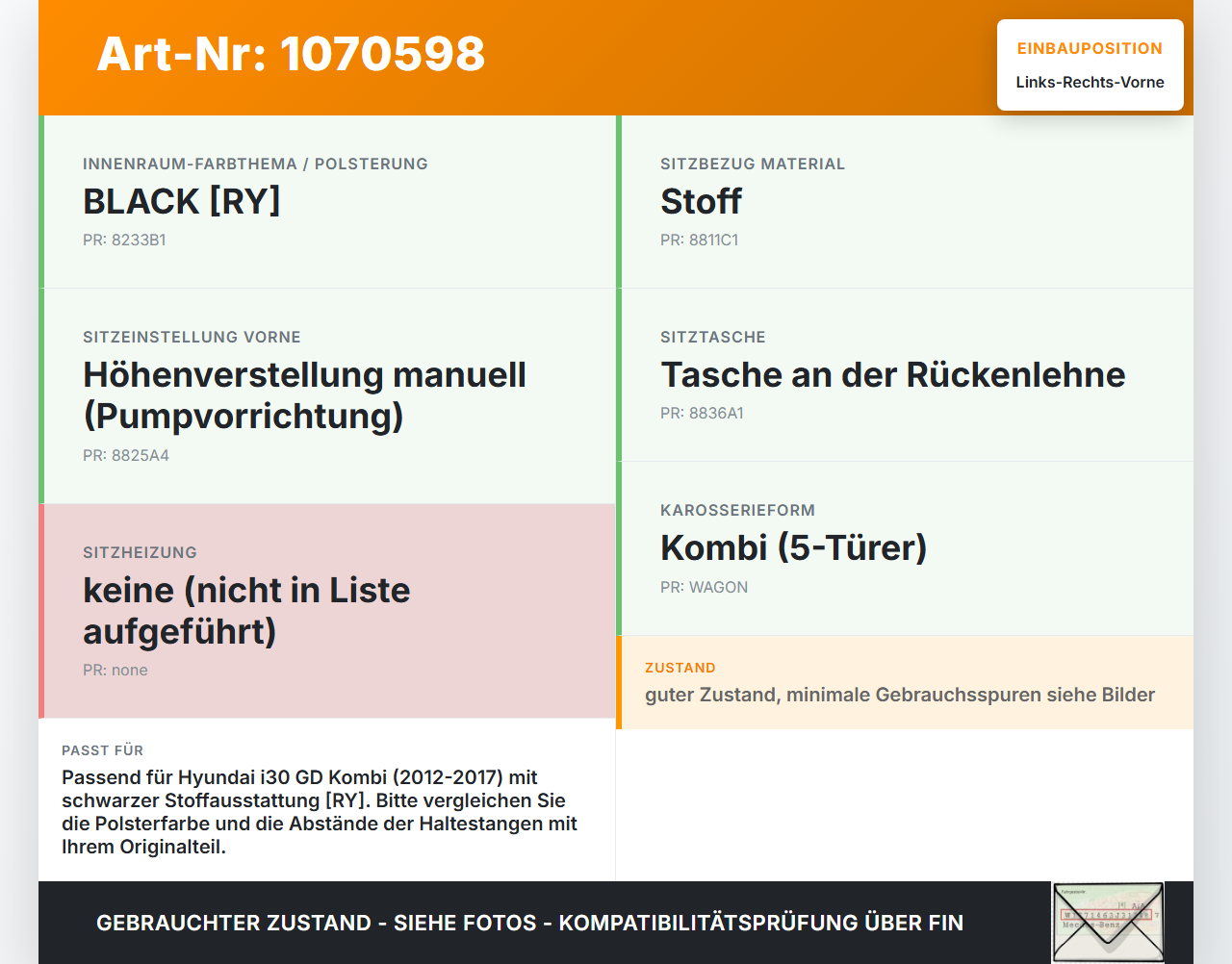 Hyundai I30 GD 12-17 Kombi Kopfstütze für Beifahrer Sitz Rechts oder Links Vorne Hyundai I30 GD 12-17 25.06.2015... Vorschau 3