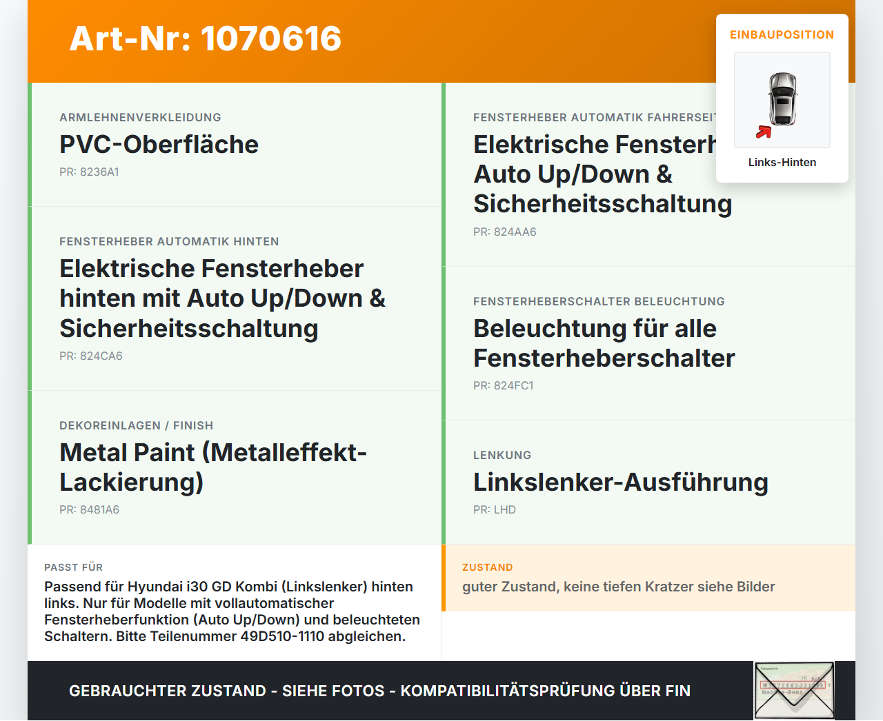 Hyundai I30 GD 12-17 Kombi Fensterheberschalter Schalter Links Hinten Hyundai I30 GD 12-17 25.06.2015 49D510-1110... Vorschau 3