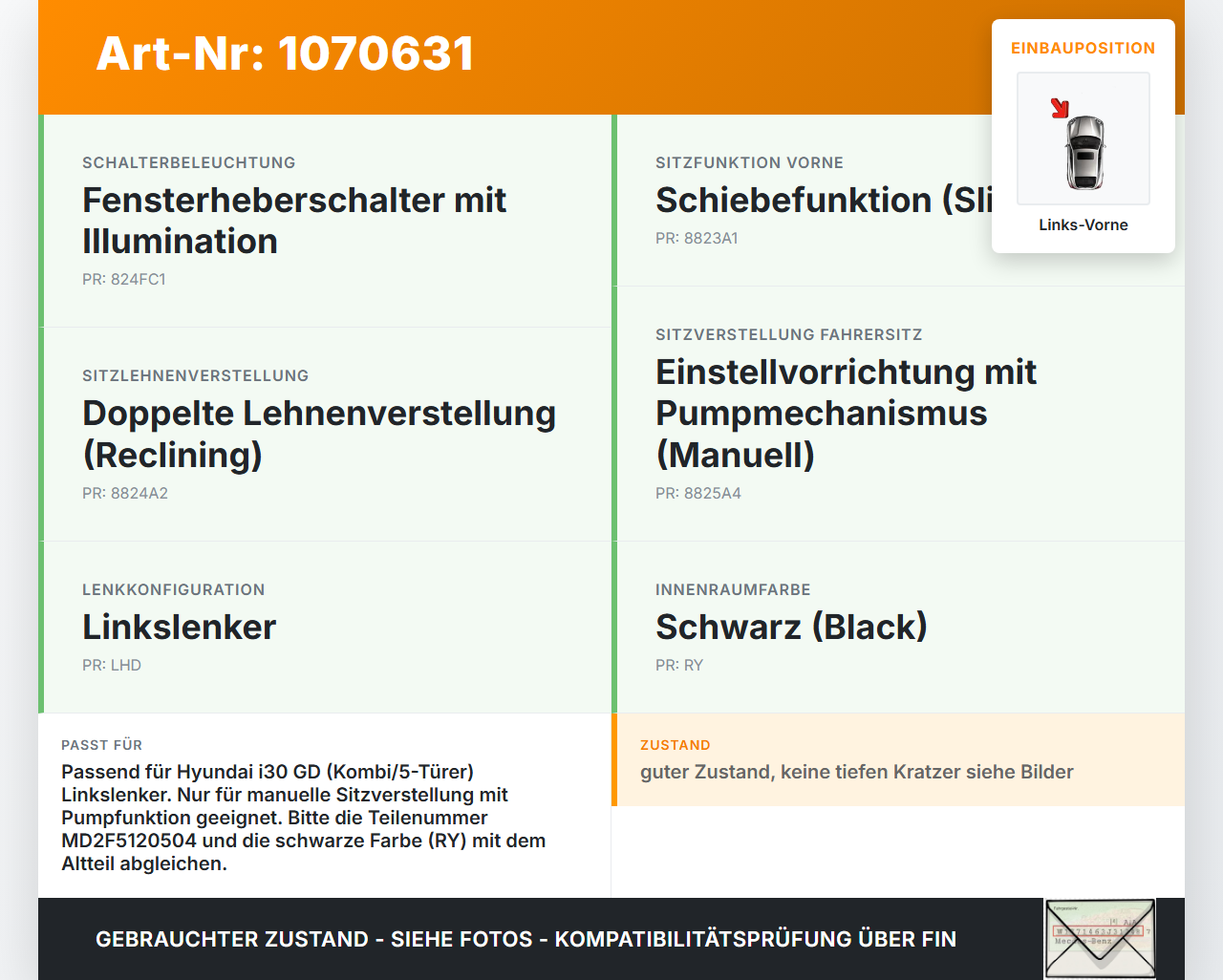 Hyundai I30 GD 12-17 Schalter Sitzverstellung Links Vorne Hyundai I30 GD 12-17 25.06.2015 MD2F5120504 gebraucht Vorschau 3