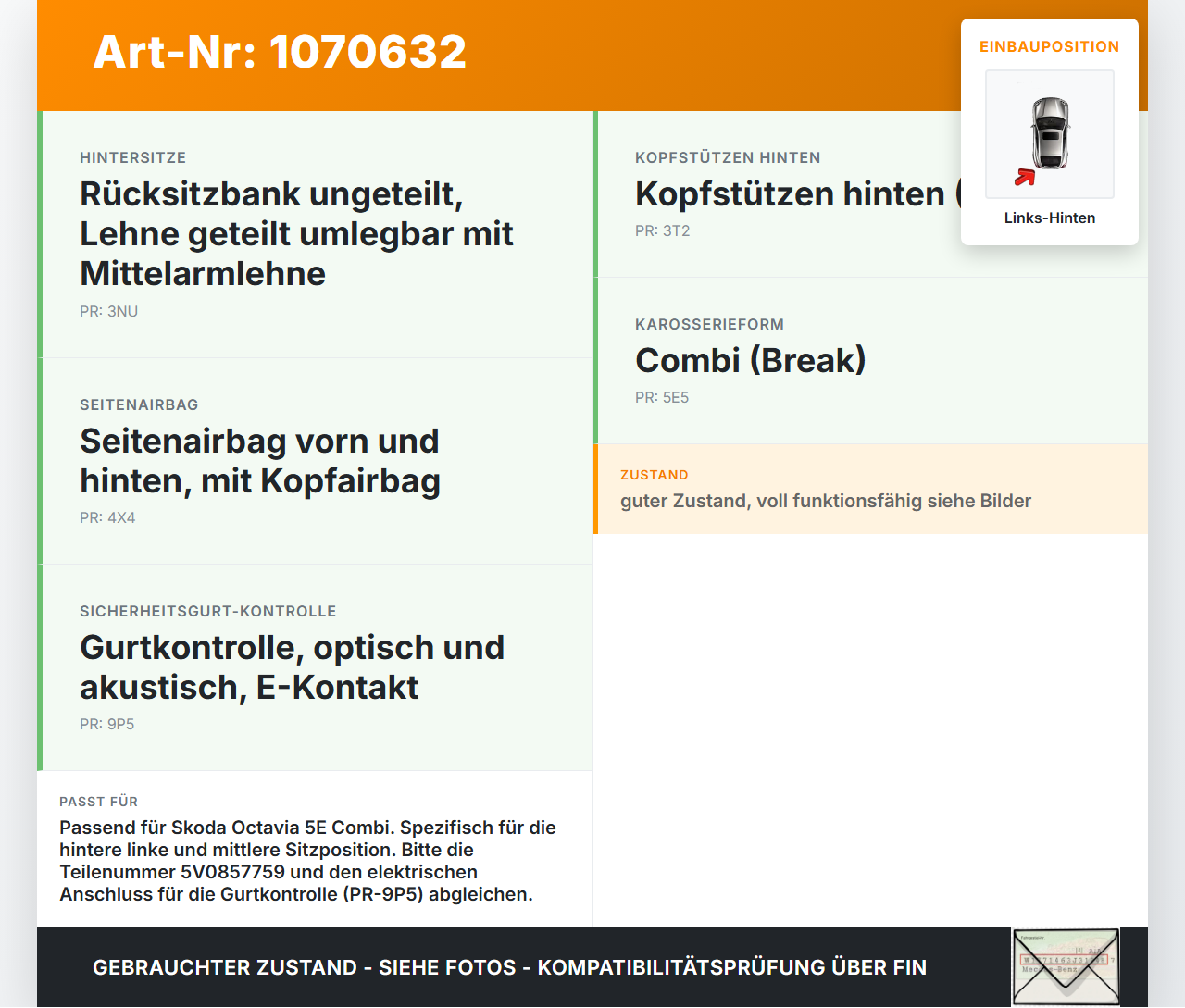 Skoda Octavia 17-20 Break Gurtschloss Links Hinten und Mitte Skoda Octavia 17-20 09.11.2017 5V0857759 gebraucht Vorschau 3
