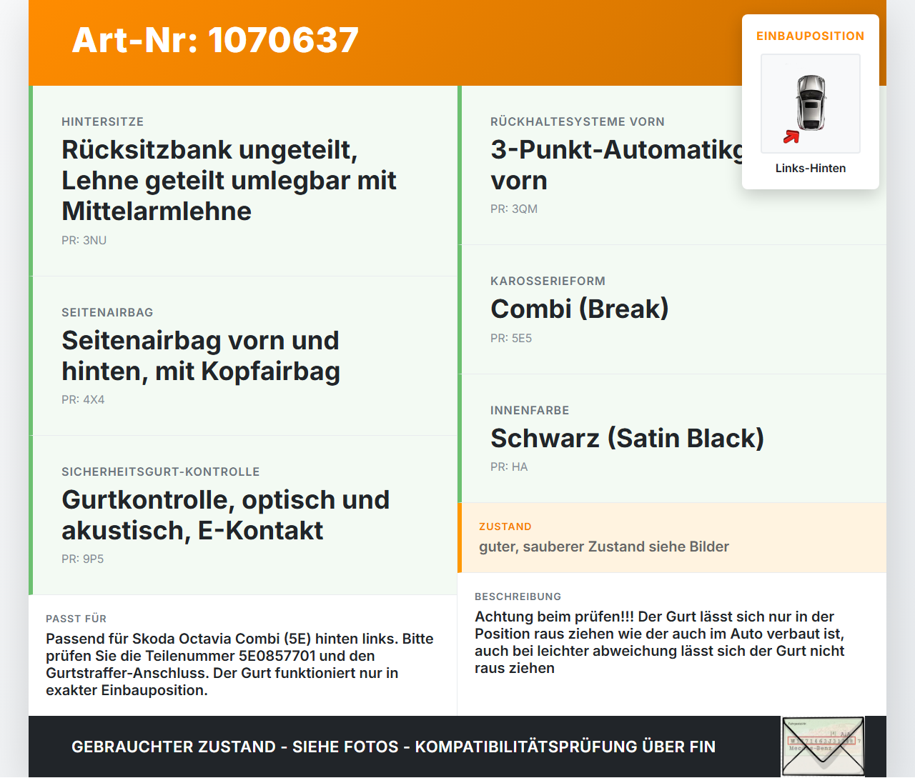 Skoda Octavia 17-20 Break Gurt Sicherheitsgurt Links Hinten Skoda Octavia 17-20 09.11.2017 620192500 gebraucht Vorschau 3