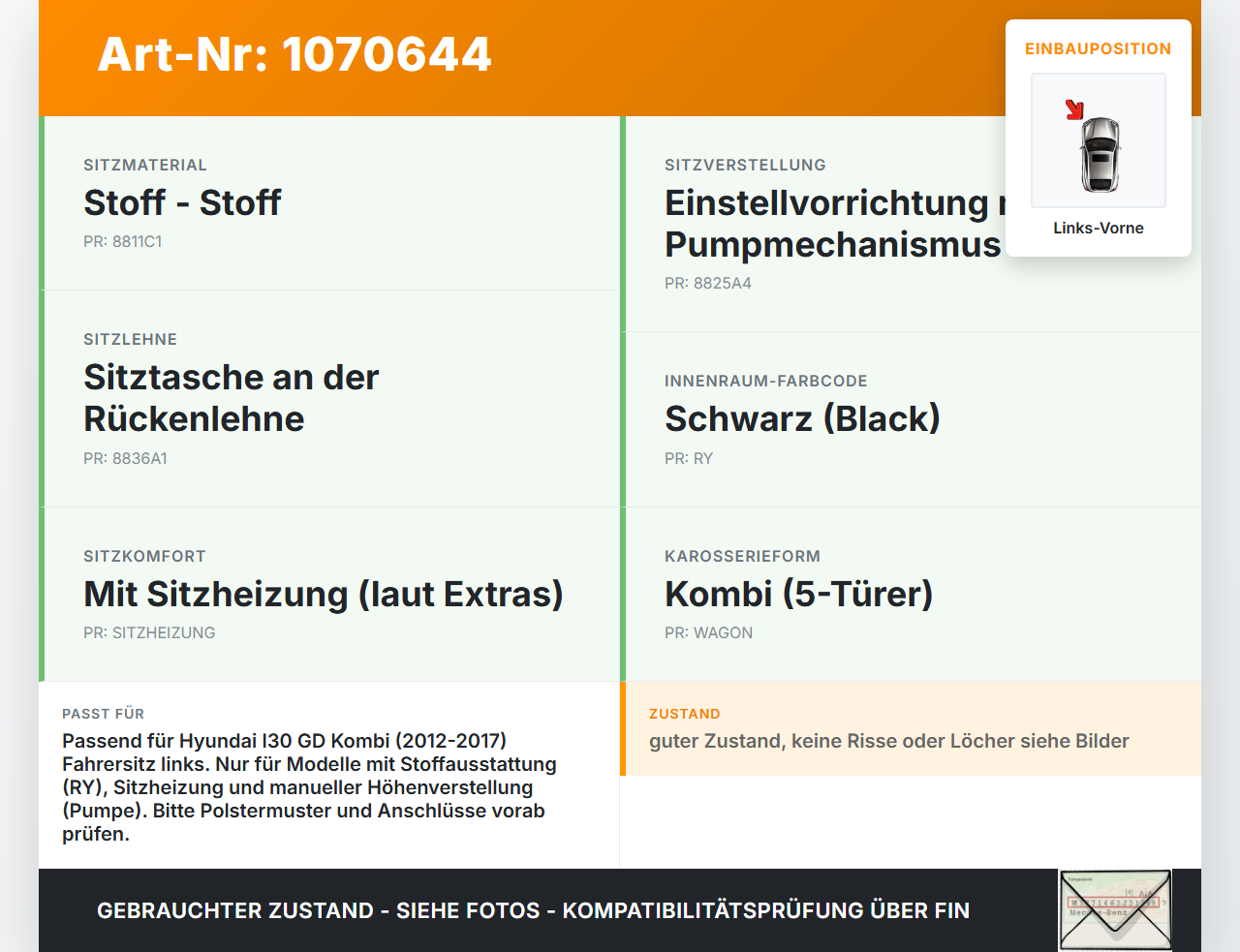 Hyundai I30 GD 12-17 Kombi Sitzbezug Sitzpolster für Fahrersitz Sitz Links Vorne beheizt Hyundai I30 GD 12-17... Vorschau 3