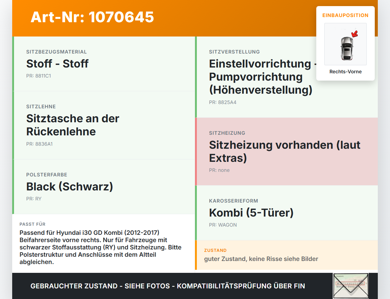 Hyundai I30 GD 12-17 Kombi Sitzbezug Sitzpolster für Beifahrersitz Rechts Vorne beheizt Hyundai I30 GD 12-17... Vorschau 3