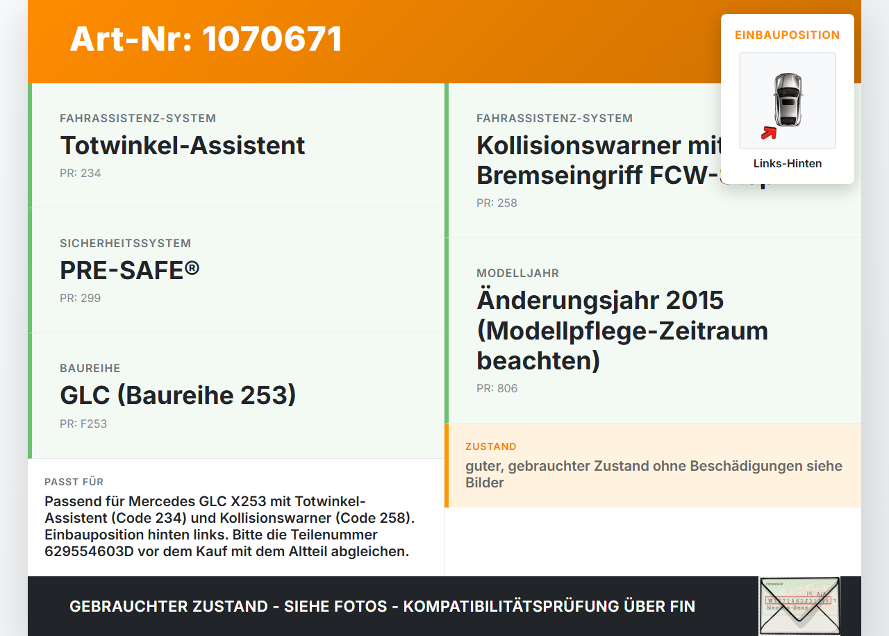 Mercedes X253 15-19 CDI 2,2 125KW Kollisionswarner Radarsensor Totwinkwinkelassistent Links Hinten Mercedes X253... Vorschau 3