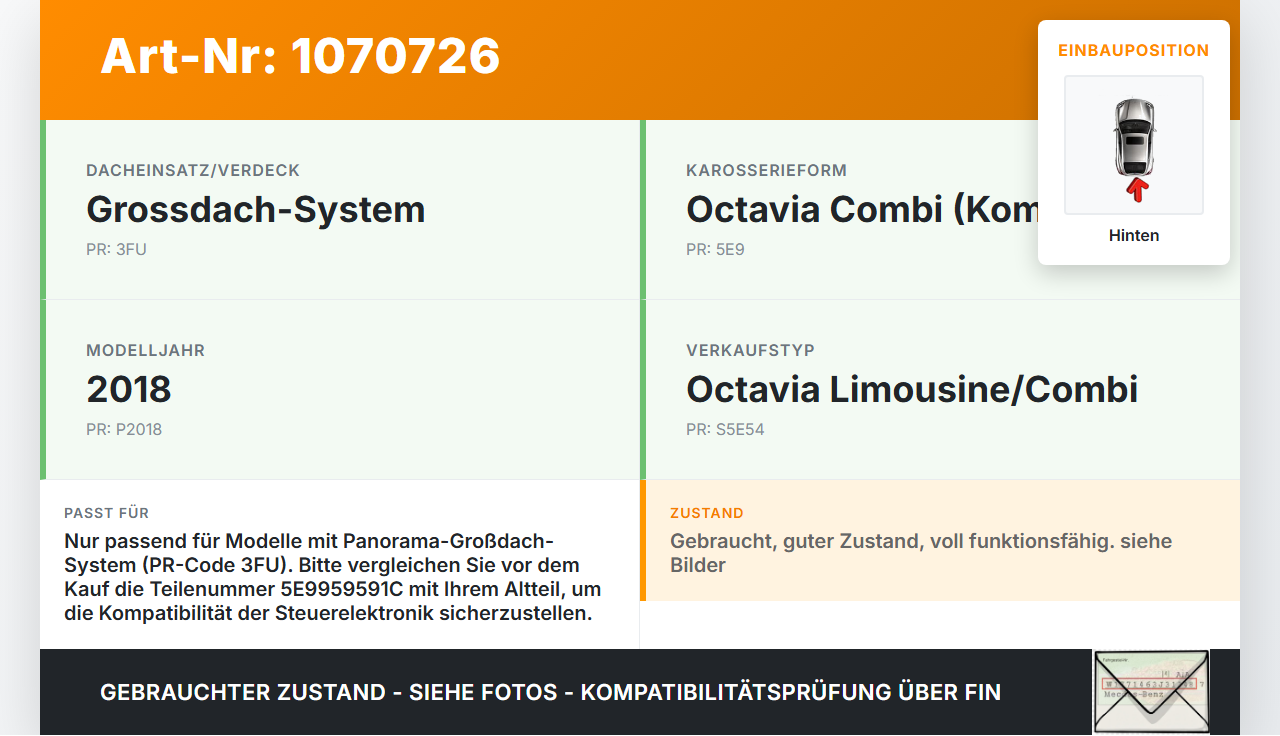 Skoda Octavia 17-20 Schiebedachmotor Hinten Skoda Octavia 17-20 09.11.2017 5E9959591C 1742021B 1717823B gebraucht Vorschau 3