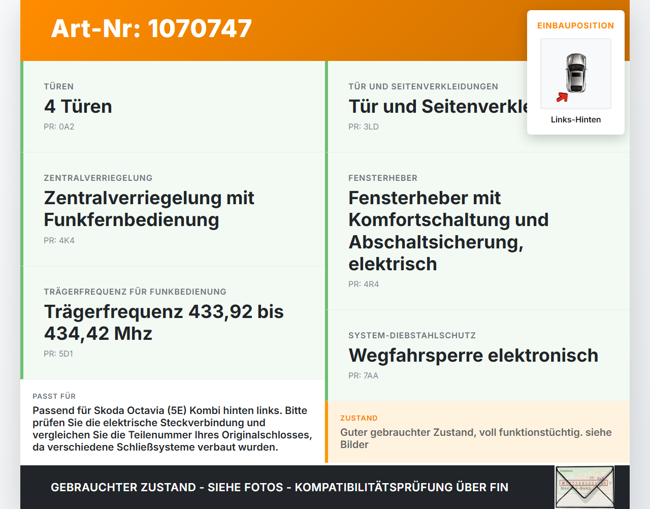 Skoda Octavia 17-20 Break Türschloss Stellmotor Türschloß Hinten Links Skoda Octavia 17-20 09.11.2017... Vorschau 3