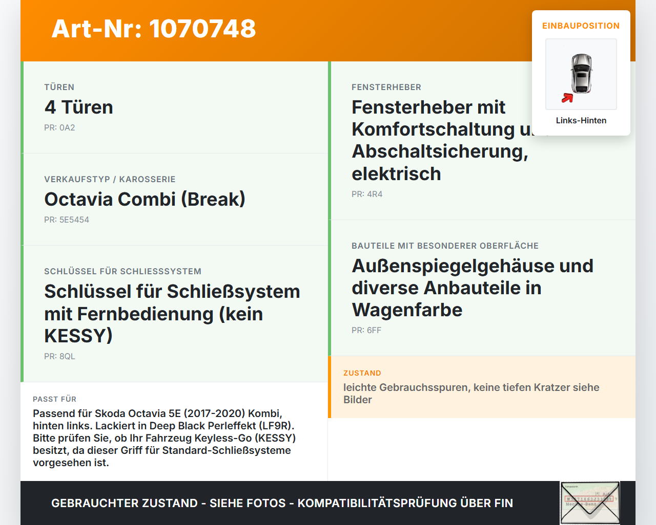 Skoda Octavia 17-20 Break Türgriff Griff aussen Links Hinten LF9R Skoda Octavia 17-20 09.11.2017 gebraucht Vorschau 3