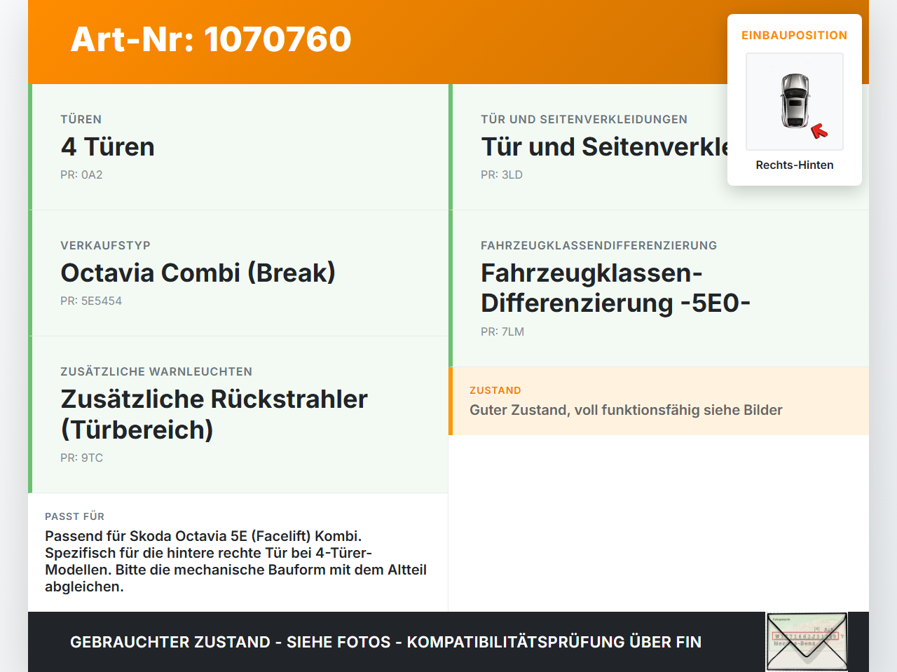 Skoda Octavia 17-20 Break Türfangband Türbremse Türanschlag Rechts Hinten Skoda Octavia 17-20 09.11.2017 gebraucht Vorschau 3
